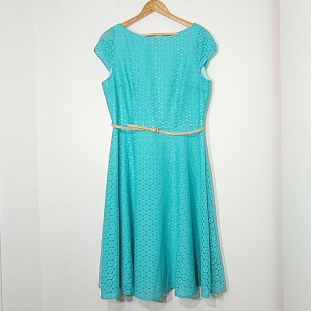 Jones Studio Teal Cap Sleeve Belted Knee-Length Sheath Overlay Dress Size 12